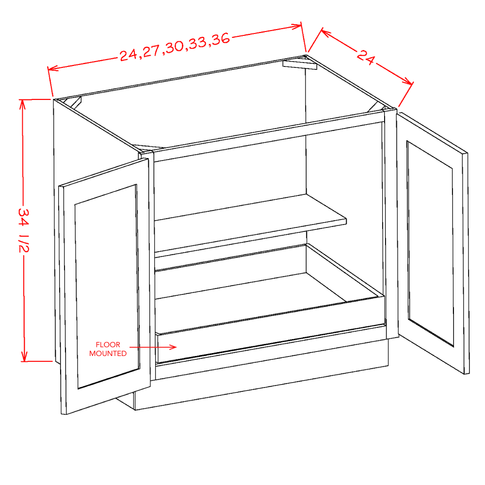 Haven Sage Full Height Door One Rollout Shelf Base Cabinet Kit - 24"W x 34-1/2"H x 24"D -2D-1RSA — cabinet dimension diagram