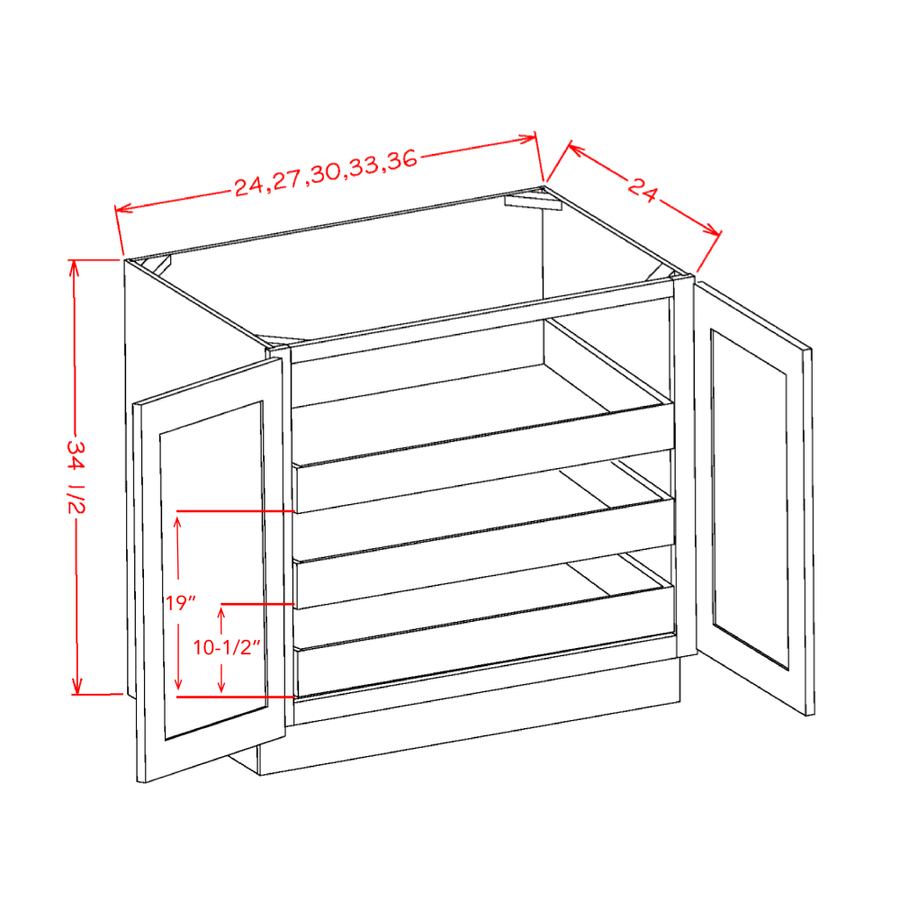 Shaker Grey Full Height Door Three Rollout Shelf Base Cabinet Kit - 33"W x 34-1/2"H x 24"D -2D-3RSA diagram