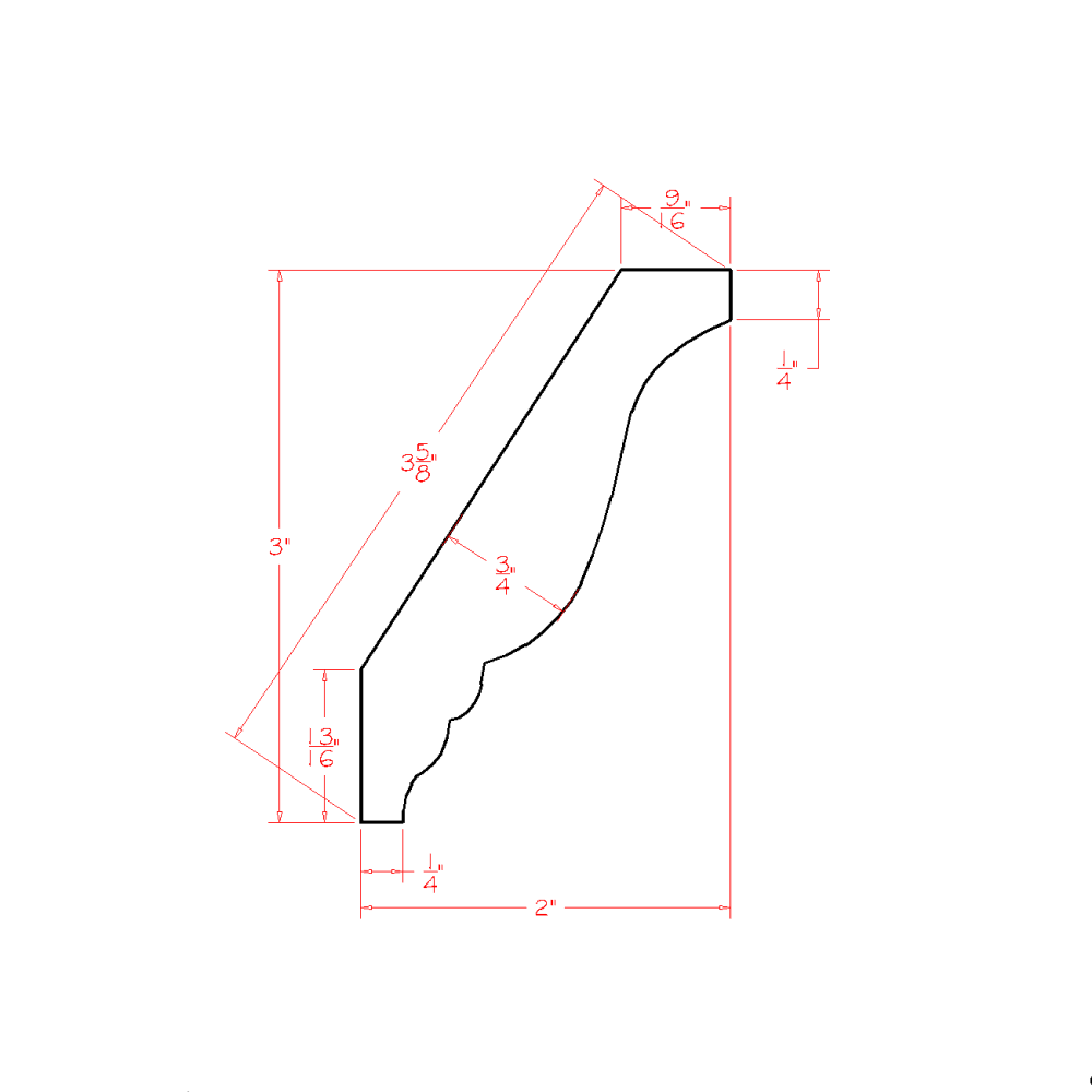 Cut to 84 Haven Ember Decorative Crown Moulding - 84"W x 3"H x 2"D — cabinet dimension diagram