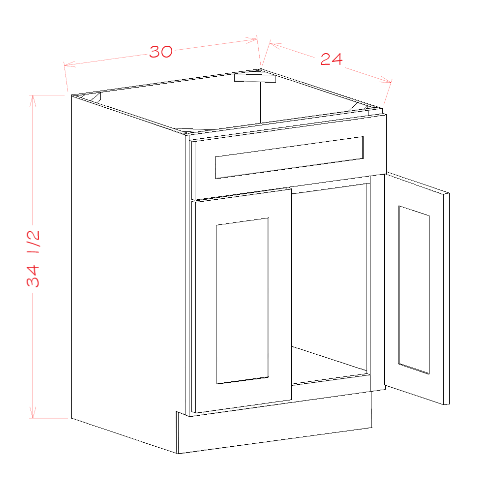 Sink Base with Single False Drawer Front cabinet diagram, Shaker White SW-SB30S