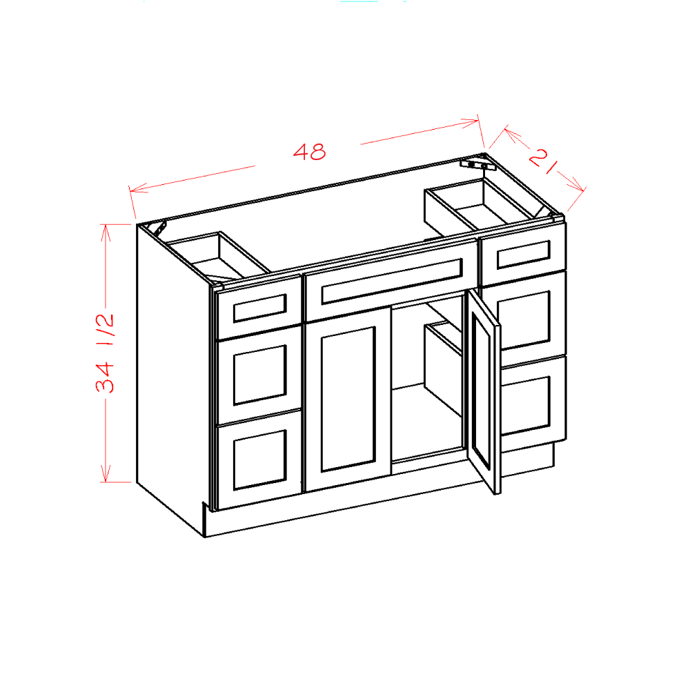 Shaker Navy Vanity Double Drawer Combo Base Cabinet - 42"W x 34-1/2"H x 21"D -1D-6DR-1FDR cabinet diagram