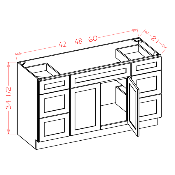 Haven Ember Vanity Double Drawer Combo Base Cabinet - 42"W x 34-1/2"H x 21"D -1D-6DR-1FDR — cabinet dimension diagram