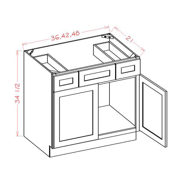 Haven Harbor Vanity Combo Base Cabinet - 36"W x 34-1/2"H x 21"D-2D-2DR-1FDR — cabinet dimension diagram