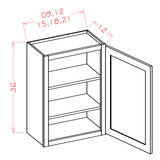 Shaker Sky SS-W0936 matching W0936 wall cabinet configuration diagram, 9 W × 36 H × 12 D inches; single door, two shelves