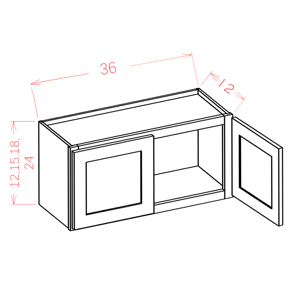 Shaker Sky SS-W3615 representative wall cabinet diagram, 36 W × 15 H × 12 D inches