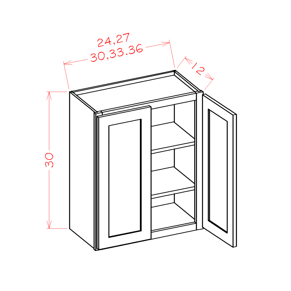 30" High Double Door Wall Cabinets cabinet diagram, Shaker Antique White SA-W2430