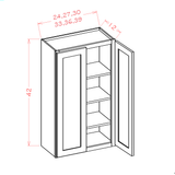 Shaker Sky SS-W3642 representative wall cabinet diagram, 36 W × 42 H × 12 D inches, two doors, 3 adjustable shelves