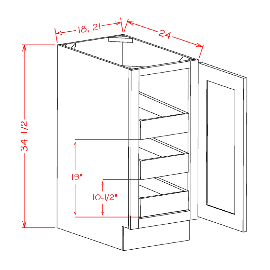 Shaker Ivy 21-inch full-height one-door three-rollout-shelf cabinet diagram