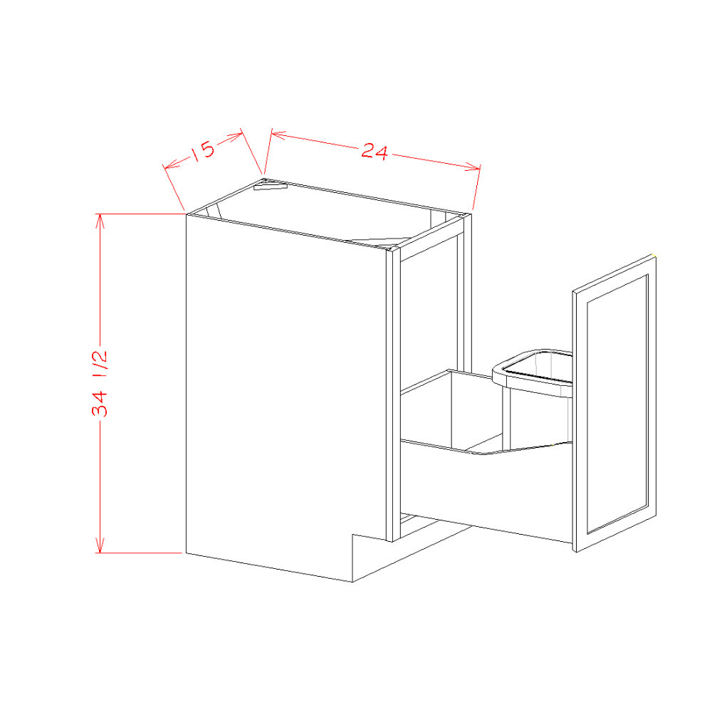 Oxford White Full Height Door Base with Single Trashcan Pullout - 15"W x 34-1/2"H x 24"D -1D-1TC dimension diagram