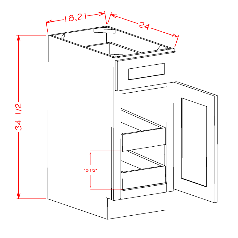 Oxford White Two Rollout Shelf Base Cabinet Kit - 18"W x 34-1/2"H x 24"D -1D-1DR-2RSA dimension diagram