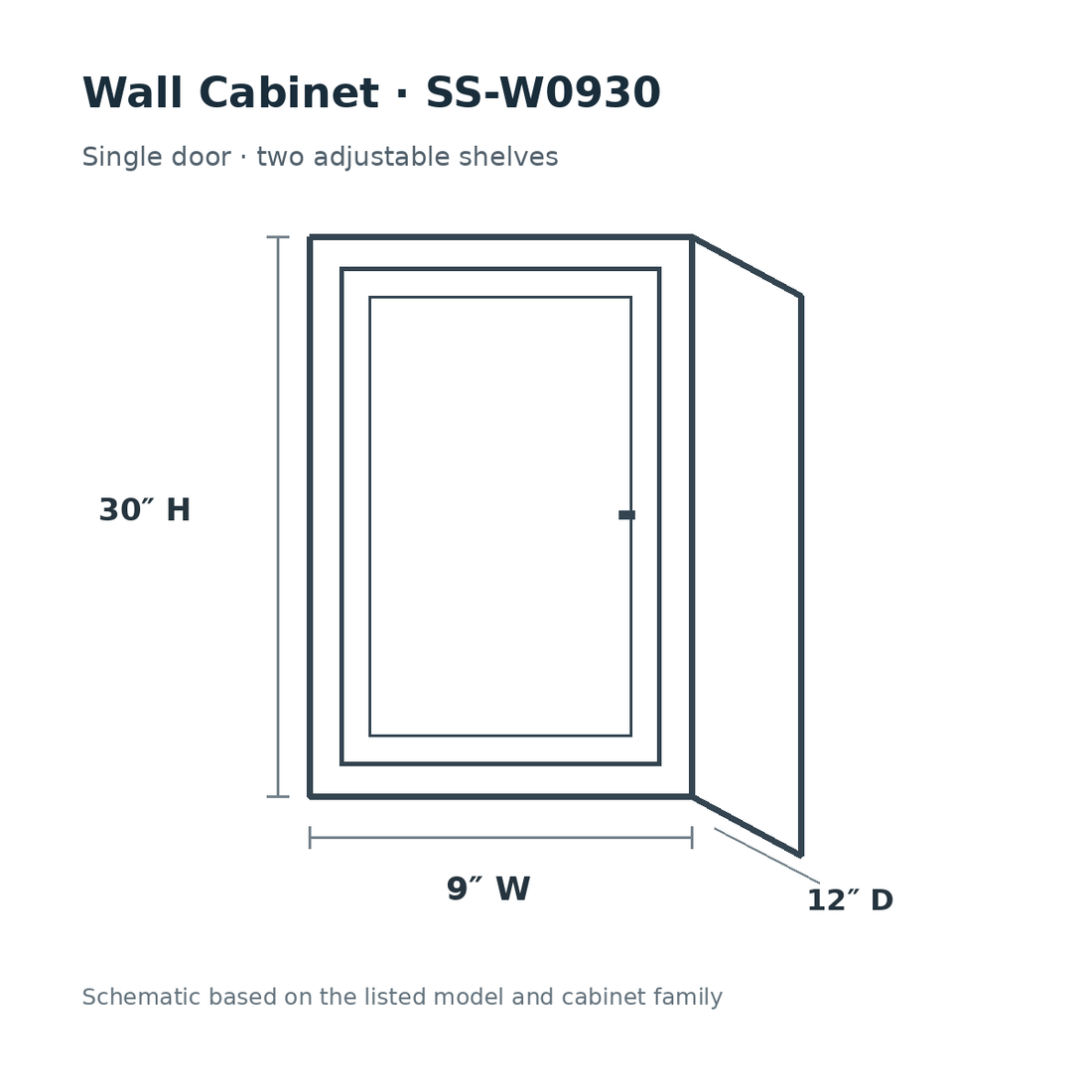Shaker Sky SS-W0930 cabinet schematic, 9 by 30 by 12 inches